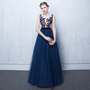 S2792R New Blue Long Round Neck Sleeveless Lady Lace Slim Wedding Evening Dress - Product Image 1