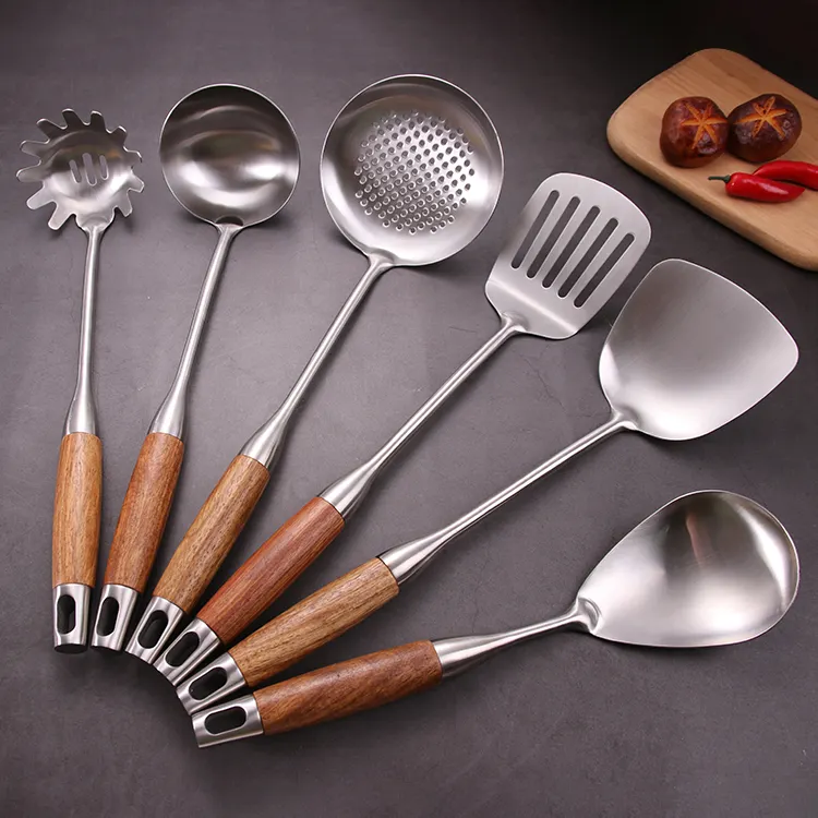 Chinese Cooking Accessories Tools Wooden Handle Utensils Stainless Steel Kitchen Tool Set
