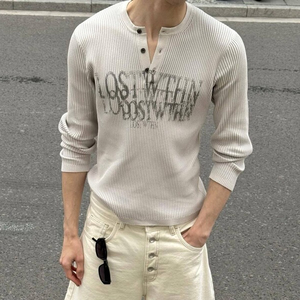 T-shirt Henley da Uomo a Maniche Lunghe, Vestibilità Slim, in Tessuto Waffle Morbido, Stile Casual e alla Moda, con Logo Personalizzato, Nuovo Stile Old Money - Product Image 1
