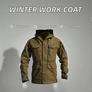 แจ็คเก็ตลายพรางบุนวมมีฮู้ดแบบลำลองฤดูใบไม้ร่วง, เสื้อโค้ทยาวปานกลางกันน้ำได้มีซิปด้านหน้ามีกระเป๋าหลายช่องผ้าแคนวาสสำหรับฤดูหนาว - Product Image 2