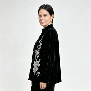 Chaqueta Tang de Terciopelo Negro Bordada para Mujer, Chaqueta Tradicional China con Cuello Alto, Manga Larga, Abrigo de Moda Cultural - Product Image 2