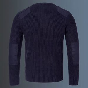 Pull en tricot bleu foncé DF à manches longues avec épaules et coudes patchés, vêtement décontracté durable pour toutes les saisons - Product Image 4