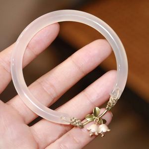 Gradient Color Imitation Hetian Jade <b>Silver</b>/Gold Plated Bangle Simple Retro Chinese Style Bell Orchid Flower <b>Charm</b> Pendant Gift - Product Image 1
