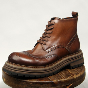 Brogue Boots Men's <b>Round</b> Toe Thick Soled Platform Mid Heel <b>Cushioned</b> Work Boots Brown Solid Color 813-3 - Product Image 1