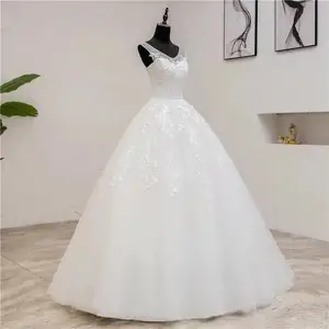 2021 Real Photo Fashion Classic Shiny V-hals Pure Wit/Ivoor Trouwjurken Lace Applique Brilliant Wedding Gown