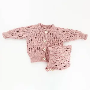 INS Popular New Born Organic Cotton Outfit Baby Knit Cardigan and Bonnet Set Thick Crochet baby Clothing