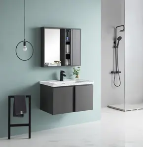 浮动黑色和大理石顶级越南橱柜现代小型壁挂式Pvc洗手盆镜子浴室梳妆台