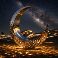 Sculpture de lune moderne en acier inoxydable poli pour extérieur, art métallique perforé en forme d'étoile, statue LED, décoration de jardin et de place publique, personnalisable