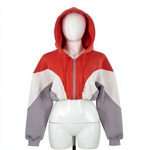 Women's Color Block <b>Cropped</b> <b>Zip</b> <b>Up</b> Hoodie Long Sleeve Drawstring Hooded Sweatshirt Casual Streetwear Jacket - Product Image 3
