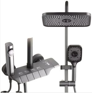 Set Doccia a Parete con Miscelatore per Vasca da Bagno Piano Black, Sistema Doccia Quadrato a Pioggia, Rubinetto per Bagno Acqua Calda e Fredda Grigio Canna di Fucile con Getto Morbido - Product Image 1