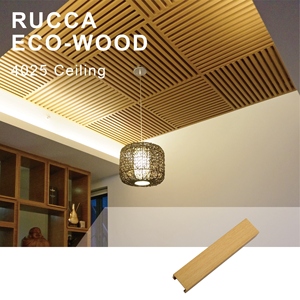 Panel de Techo de <span class=keywords><strong>PVC</strong></span> Compuesto de Madera WPC de 40*25 mm de Foshan Rucca, Diseño de Panel de Listones Falsos para Interiores de Tiendas, Diseño Interior Moderno - Product Image 1