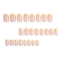Faux ongles press-on faits main, forme cercueil, moyennement effilés, avec pointe française, motif floral et perles dorées, en PMMA, 24 pièces, fournitures pour salons de beauté et spas