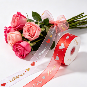 Ruban gros-grain rose polyester/coton 1-1/2 pouce, motif géométrique imprimé feuille d'or, simple face, certifié OEKO-TEX GRACE RIBBON - Product Image 1