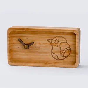 Unique Customized Rectangular Desktop Small Rectangle Bird Sing Bamboo Analog Desk & Table Clocks
