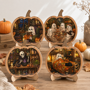 Rompecabezas de madera con forma de calabaza, escena de fantasma, esqueleto y bruja, adornos de escritorio de Halloween, juego de ensamblaje DIY espeluznante para otoño, decoración. - Product Image 1