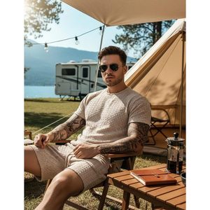 FOXA Mens Summer Outfits 2 Piece Short <b>Set</b> Casual Crew Neck Shirt And Vacation Shorts Breathable Cotton <b>Knitted</b> <b>Set</b> - Product Image 4