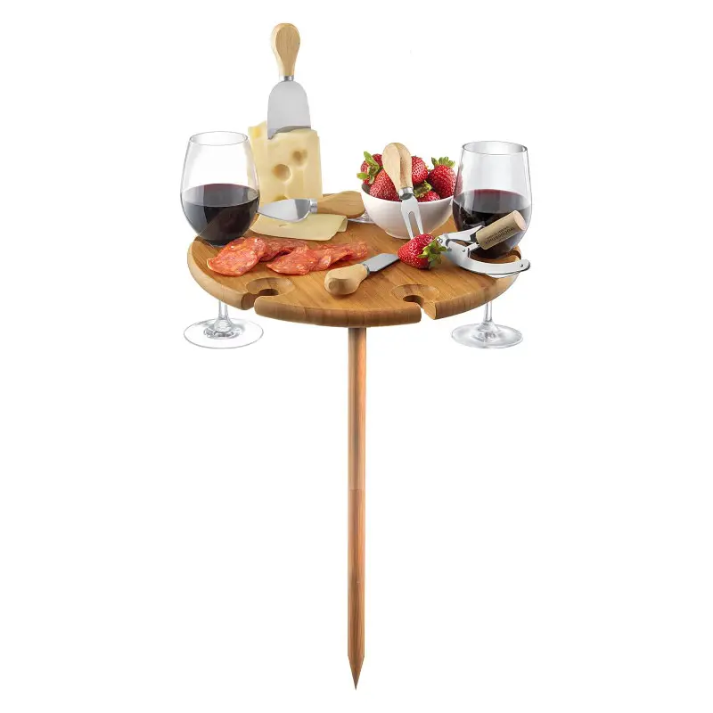 Toptan özel taşınabilir açık şarap peynir tepsisi hizmet eşyaları şarap aksesuarları bambu şarap piknik masa