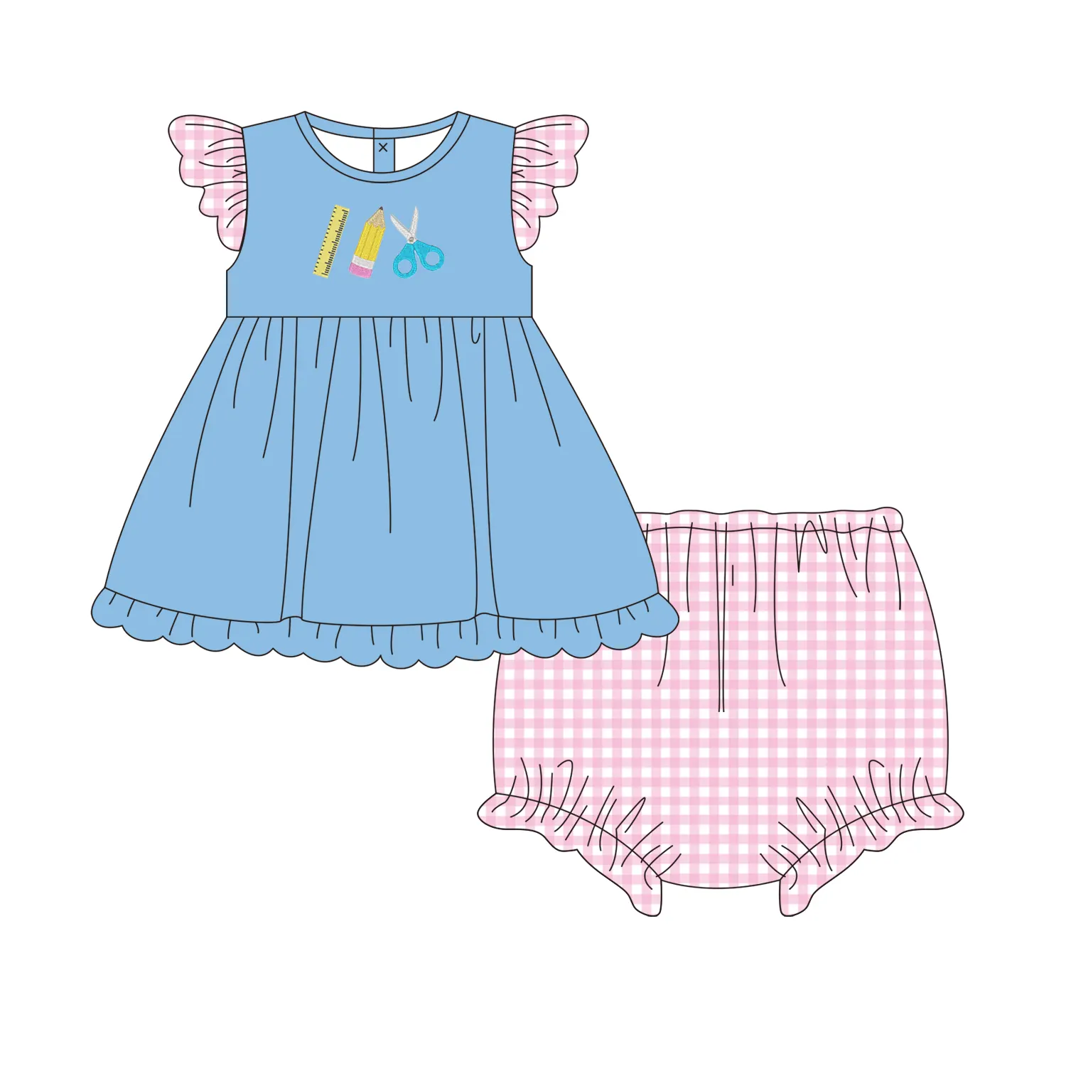 Summer Little Girl Outfit Back to School applique Blue Top and Pink plaid diaper baby girls clothes