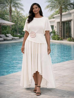 Ensemble deux pièces pour femme en 100 % polyester à ourlet asymétrique - Col ras du cou, taille ornée de roses 3D et jupe fluide