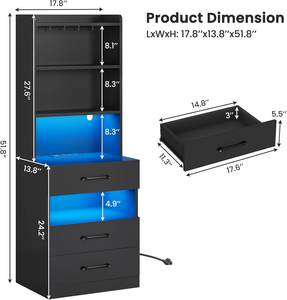 <b>Tall</b> Nightstand with Charging Station and LED Lights, Large Black Night Stand Bookshelf, Modern Bedside <b>Table</b> Shelves - Product Image 4