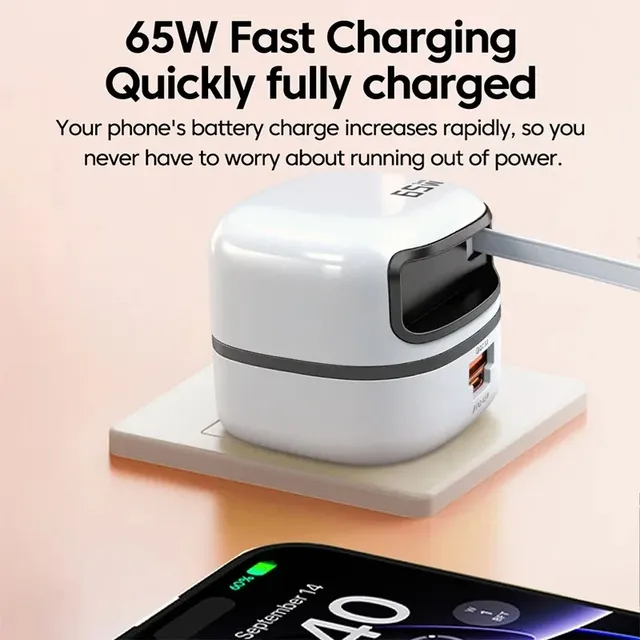 65W USB Type C Phone Charger Portable Mini Fast Charger Universal Travel Adapter Telescopic Cable EU/UK Plug for GaN USB PD