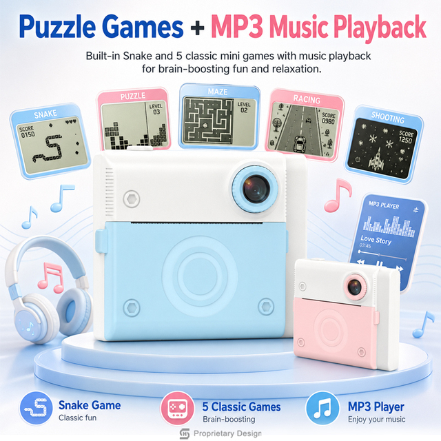 Children Instant Camera Print 1080P Video Recorder MP3 Player DIY Stickers 2.8 IPS Screen 32GB Built-in Memory Creative
