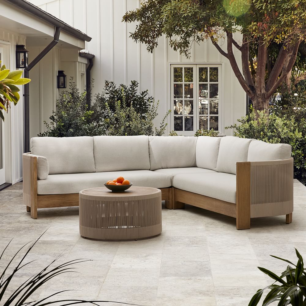 Fashion garden set terrace rope weave modern modular L-shape sectional furniture teak outdoor sofa with cushion