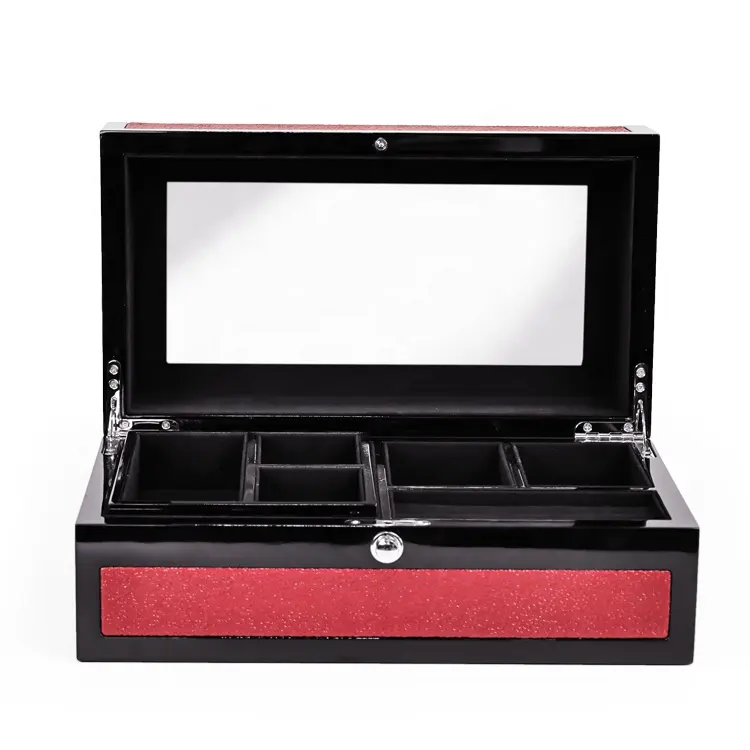 Caja de almacenamiento de joyería de madera de lujo, espejo brillante, caja de viaje para joyería, caja de tocador personalizada, caja de maquillaje de fabricante