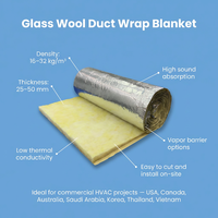 Rouleau d'isolation en fibre de verre pour conduits HVAC, 25 mm, 16 kg/m³, couverture en laine de verre classe A1 ignifuge, recouvert de feuille d'aluminium FSK