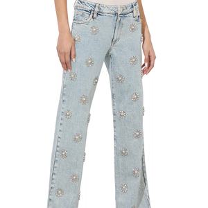Jeans de mezclilla personalizados OEM con pedrería para mujer, pantalones anchos y holgados, jeans rectos de cintura alta para mujer - Product Image 1