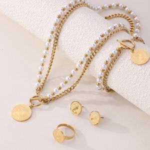 <span class=keywords><strong>Reine</strong></span> <span class=keywords><strong>Elizabeth</strong></span> Ii pendentif femmes ensemble de bijoux Vintage en acier inoxydable Double couche perle pièce boucles d'oreilles anneau collier Bracelet ensemble - Product Image 4
