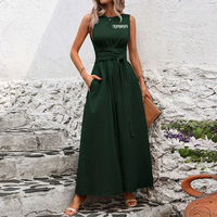 Fournisseur Robe longue décontractée sans manches à col ras du cou avec ceinture nouée Robes de vacances confortables et respirantes avec poche