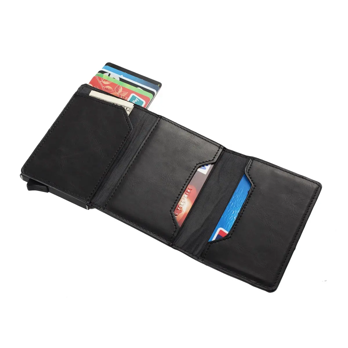 Rfid Blokkeren Metalen Slanke Heren Pu Leer Custom Wallet Case Lederen Id-kaart Houder