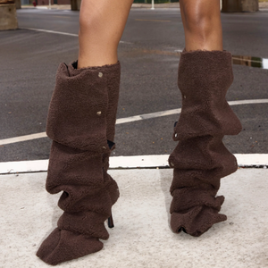 Womens Stiletto Pointed Toe High Heel Brown <strong>Sherpa</strong> Folded Detail Fur <strong>Boots</strong> - Product Image 2