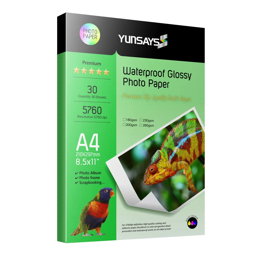 Papel fotográfico de alto brillo al por mayor A4 5x7 pulgadas A3 para impresora de inyección de tinta papel adhesivo impermeable blanco tamaño personalizado y logotipo