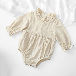 Newborns Solid Color New Long-Sleeved Cotton and Linen <strong>Lace</strong> Neckline Romper for Summer - Product Image 4