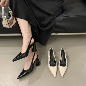 2026 Spring Summer French Pointed Toe Slingback <b>Block</b> Heel Sandals White Matching Skirt Women Daily Dress Shoes - Product Image 1