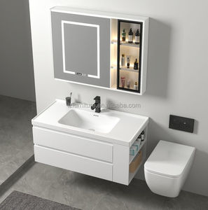 Modern Design PVC Bathroom Vanity Cabinet <b>Mirror</b> Water-Resistant Home Use Sink Cabinetry with Ceramic Basin Wholesale Vanities - Product Image 1
