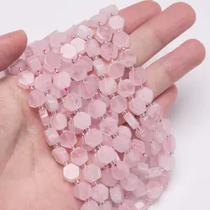 Hot selling Double Flat Hexagon Shape Crystal Loose Bead Rose Quartz Gemstone Polished Hexagon Slice Beads for Jewelry Making