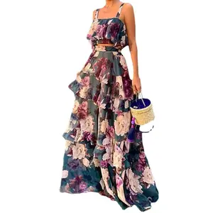 2023 spring and summer European and American women's new fashion floral top suspender peplum cake skirt suit