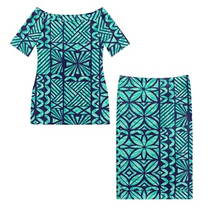 Hermosos Vestidos Samoanos Puletasi con Estampado Tapa Polinesio Azul para Mujer, Vestido con Hombros Descubiertos, Conjuntos <span class=keywords><strong>de</strong></span> Blusa y Falda <span class=keywords><strong>de</strong></span> Talla Grande - Product Image 2
