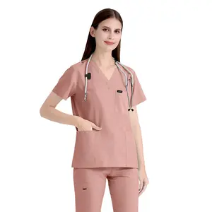 In stock 42122 4 way stretchy night suits for women ase colour 3-piece suits for women at a low price scrub with logo