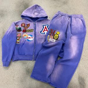 Custom Distressed <b>Embroidery</b> Patch Hoodie Acid Wash Boxy Fit Vintage Zip Men's Cotton Sweatpants & Jogger Tracksuit <b>Set</b> - Product Image 4