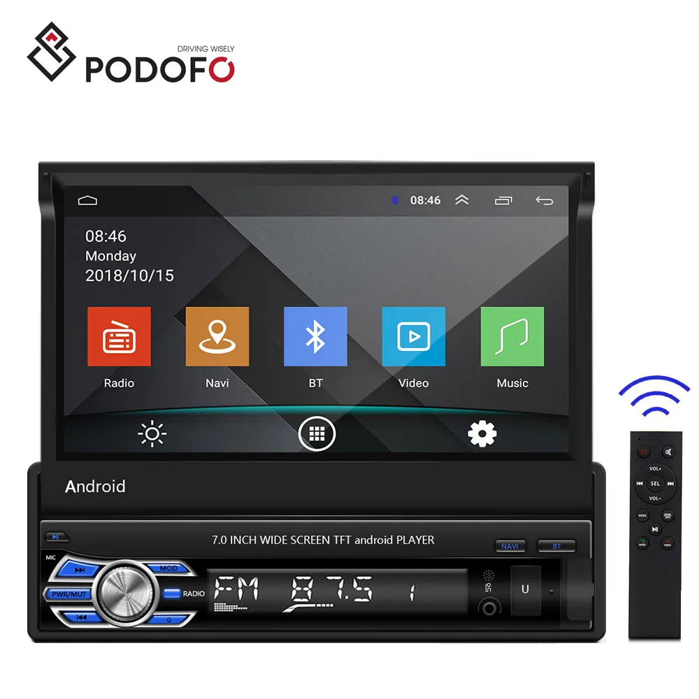 Podofo 1 Din Android 10.1 araba radyo Autoradio 7 ''geri çekilebilir dokunmatik ekran araba Video Stereo GPS navigasyon Wifi USB FM RDS