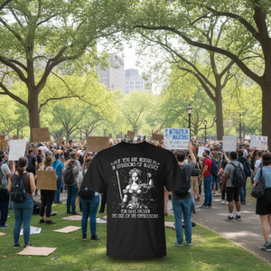 T-shirt sulla giustizia sociale con grafica e citazione della Lady Justice per attivisti e avvocati - Product Image 3