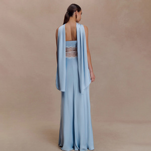 Vestido de noche sin tirantes con panel de encaje transparente, cintura natural, vestido largo para banquetes y citas. - Product Image 3