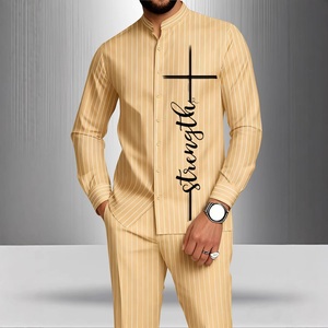 Ensemble chemise et <span class=keywords><strong>pantalon</strong></span> sur mesure pour homme, style décontracté de rue pour les fêtes, col montant, manches longues, imprimé numérique, pour sports de plein air - Product Image 3