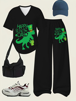 Ensemble T-shirt Col V et Pantalon Large Imprimé Dinosaure St. Pat Rex pour Enfants, Qualité Supérieure 2026