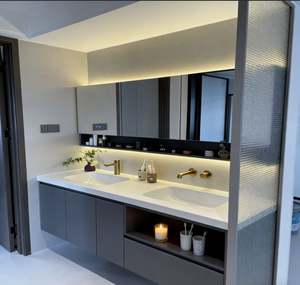 Dark Grey Wall Mounted <b>Bathroom</b> Cabinet with Double Sink Mirror Cabinet LED <b>Storage</b> Shelves and Drawers for <b>Bathroom</b> Organizer - Product Image 2
