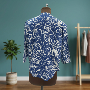 Blusa de Popelina 100% Algodón con Estampado Floral Vintage Azul para Mujer, Manga Tres Cuartos, Cuello en V, Botones, Formal, Primavera Verano, Corte Regular - Product Image 4